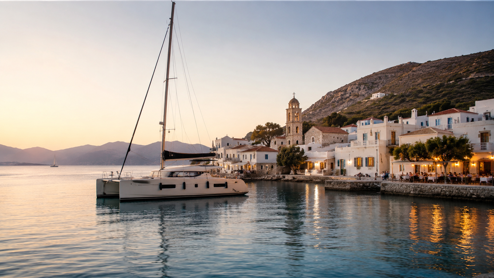 Modern catamaran at rest in a peaceful Greek island harbour at sunset with warm taverna lights ashore.