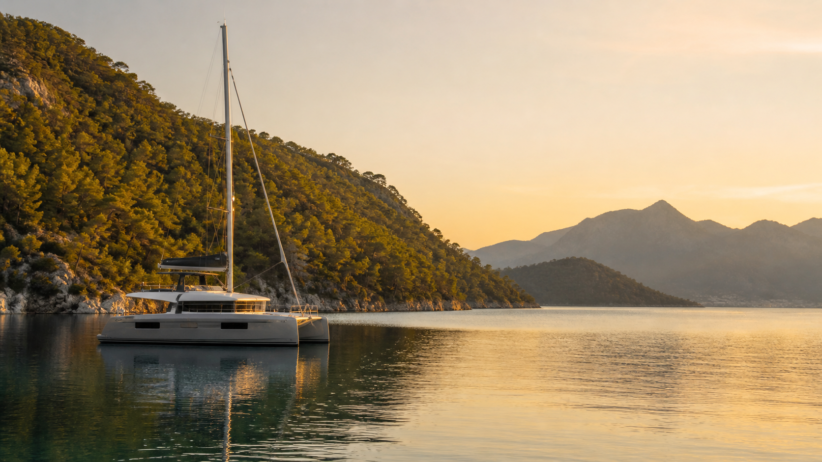 Modern catamaran anchored at golden hour in a peaceful Carian Coast bay near Marmaris, with pine-clad hills and calm Aegean water