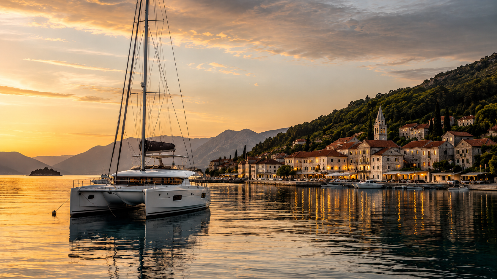 Modern catamaran at anchor near a peaceful Mediterranean harbour with warm evening lights