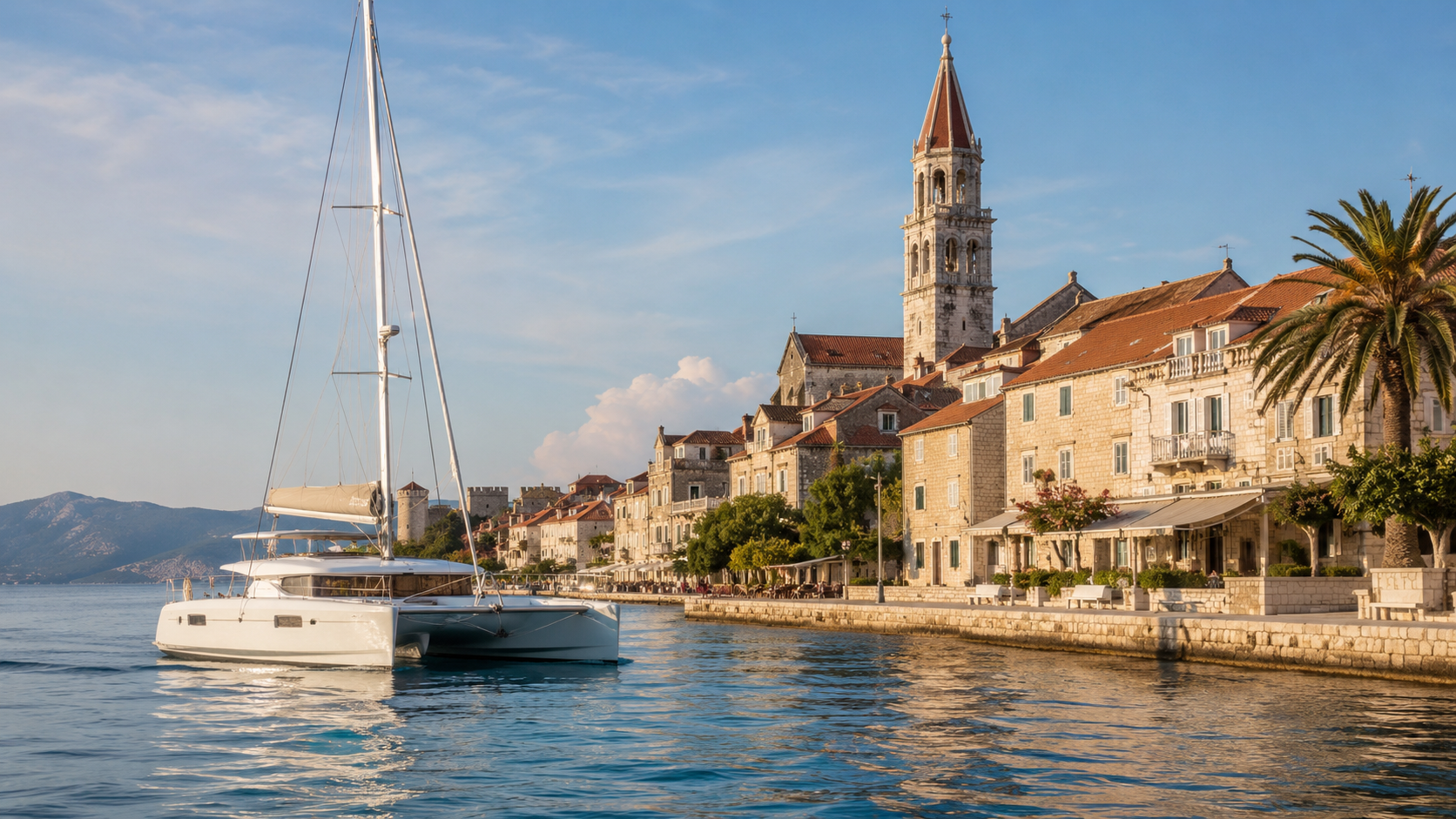 Modern catamaran near a stone harbour in Croatia with calm Adriatic water, historic buildings and a classic Dalmatian waterfront.