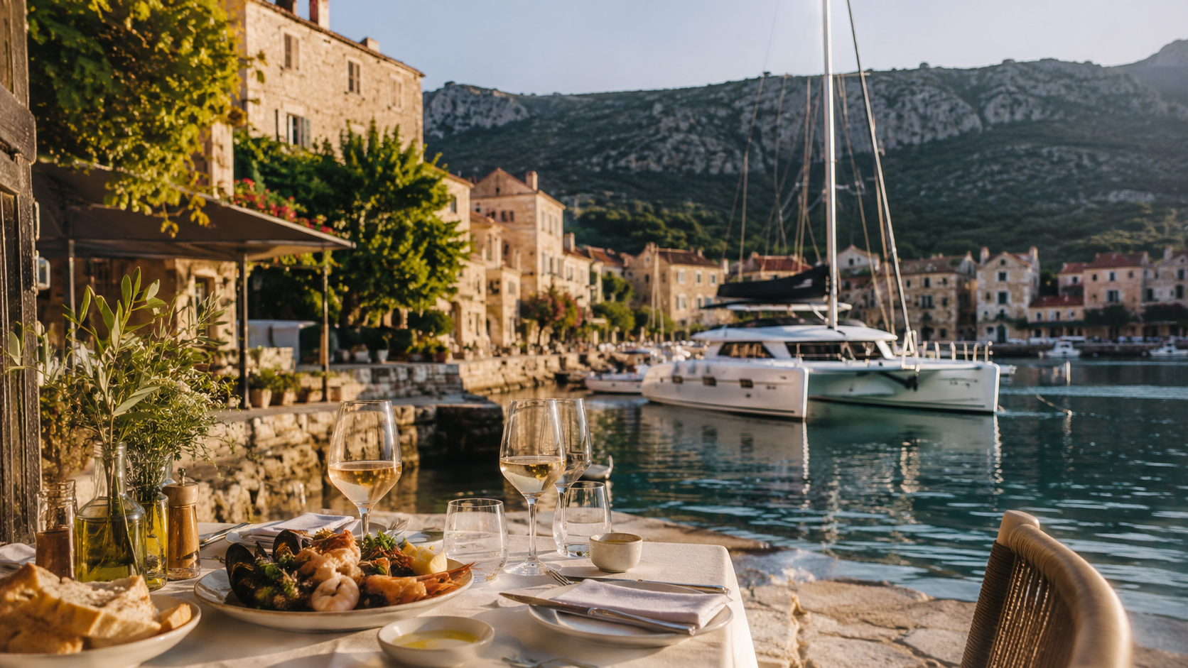 Elegant waterside dining in southern France with local food, wine and a catamaran in the harbour