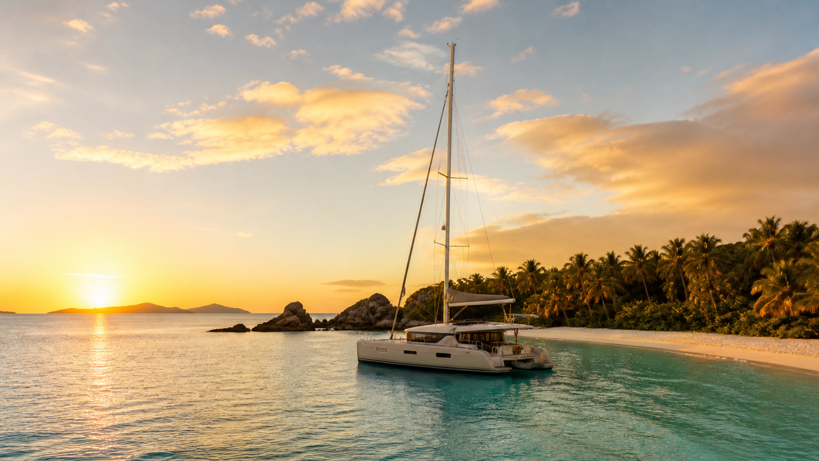 Modern catamaran anchored near a quiet Caribbean beach at sunset in the British Virgin Islands