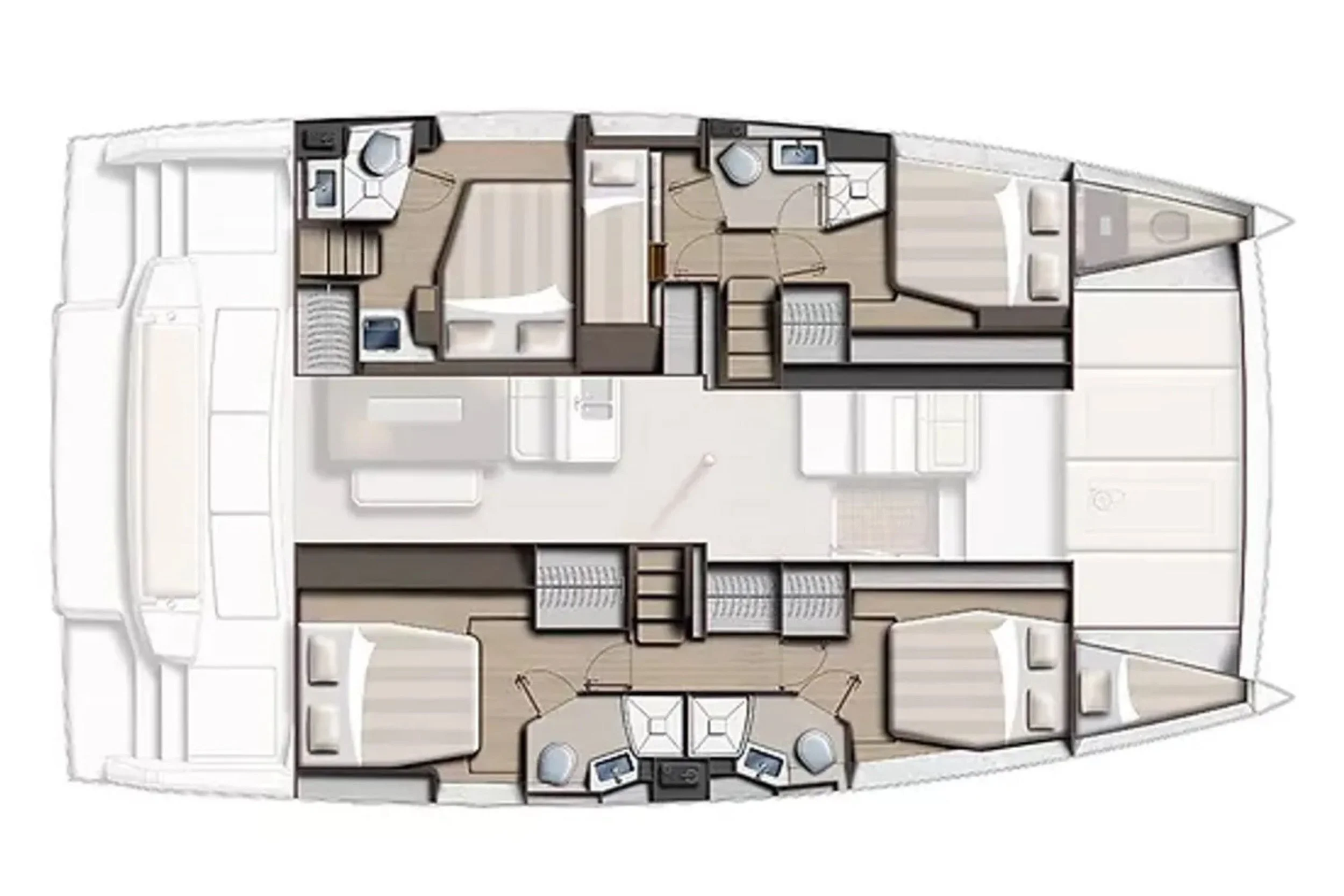 Floor plan of a boat with multiple bedrooms, bathrooms, and common areas.
