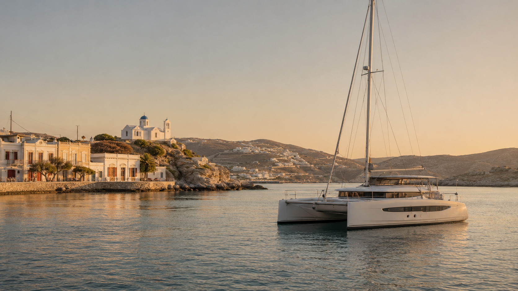 Modern catamaran at anchor near a quiet Cycladic shoreline with whitewashed buildings and calm evening water