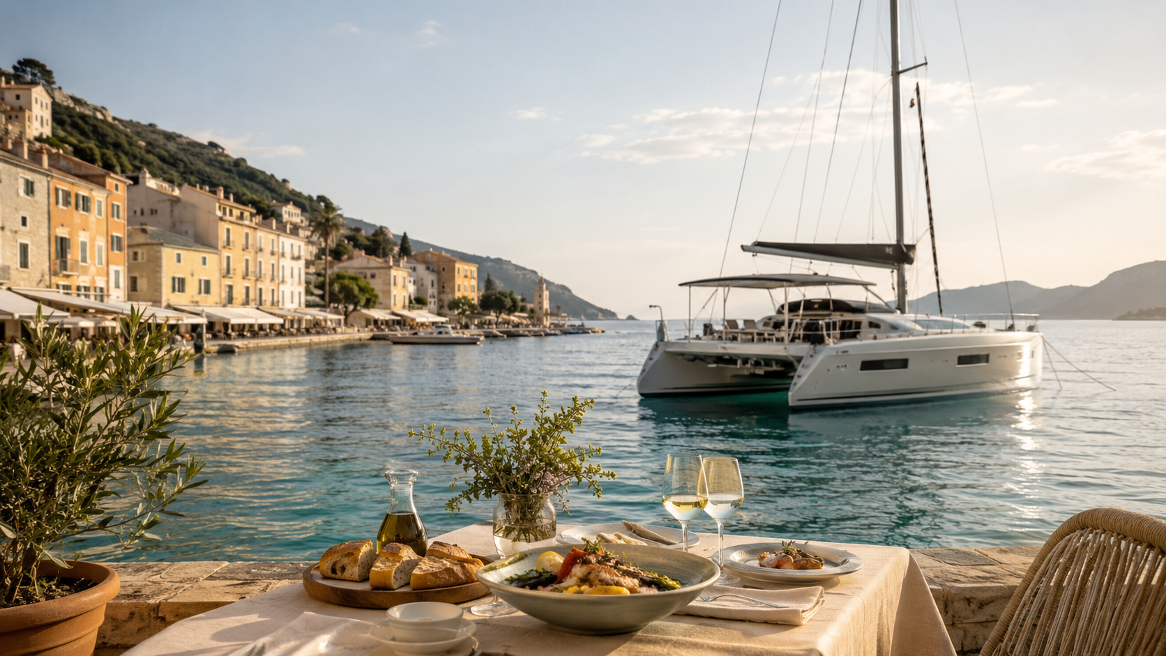 Elegant waterside dining in southern France with wine, local food and a catamaran in the harbour