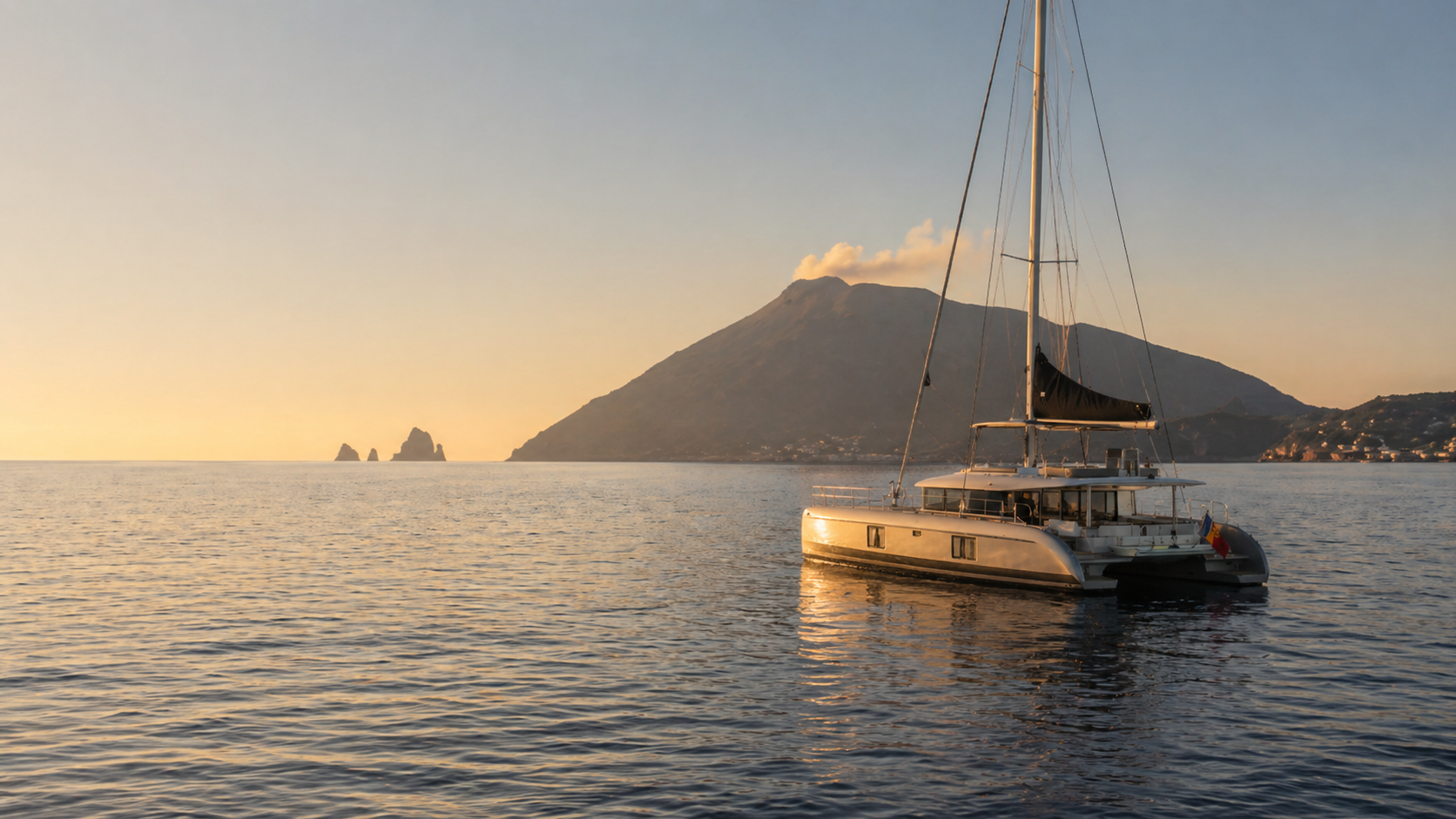 A modern catamaran anchored near a volcanic Aeolian island at golden hour, with calm sea and Sicily’s island silhouette beyond.