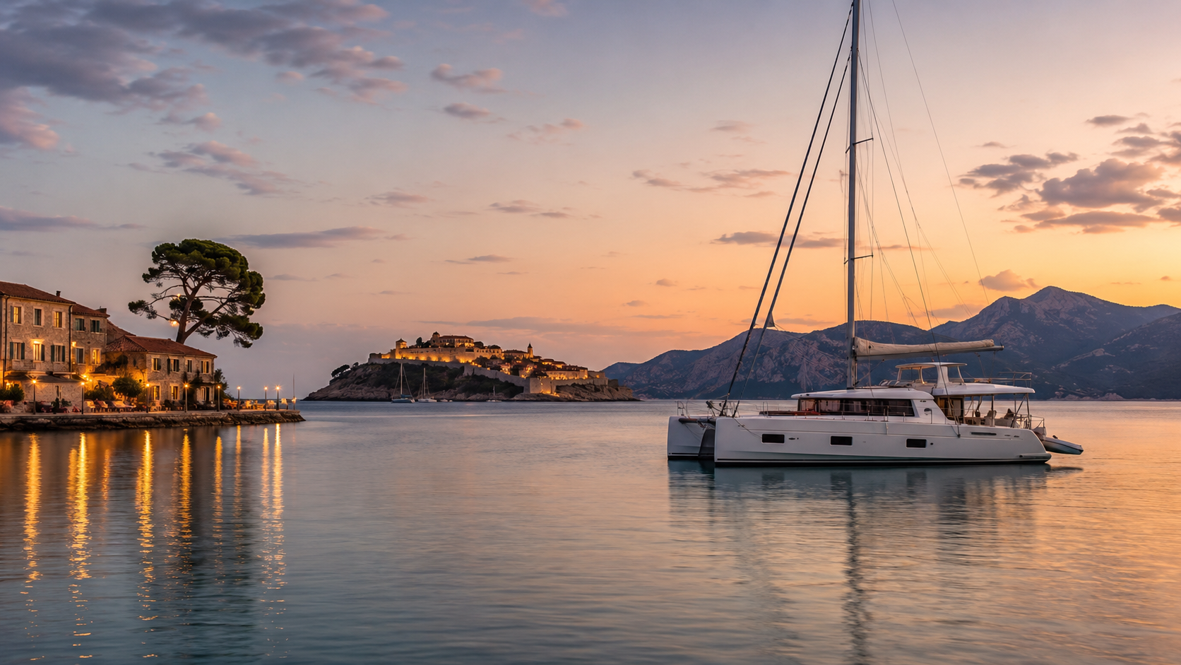 Peaceful evening anchorage in southern France with a luxury catamaran near a quiet Mediterranean harbour