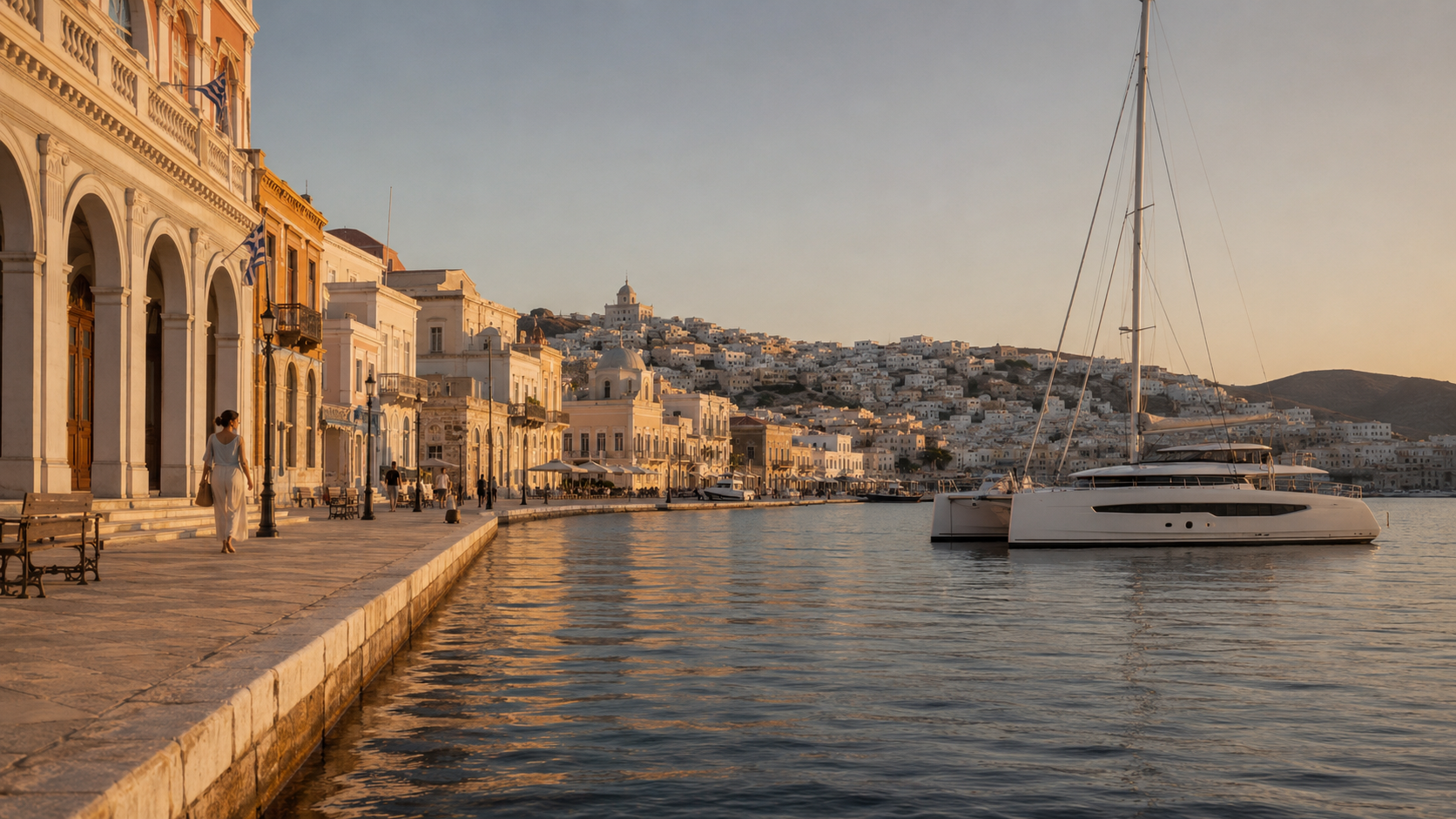 Neoclassical harbour in Syros with calm Aegean water and a modern catamaran at golden hour