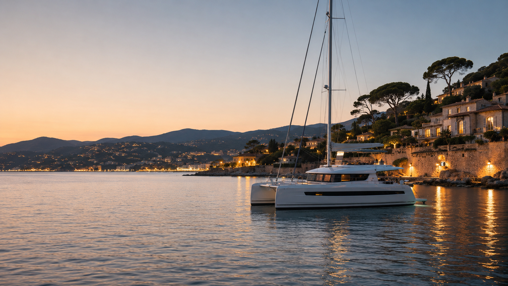 Peaceful evening anchorage on the French Riviera with a luxury catamaran near a calm Côte d’Azur shoreline