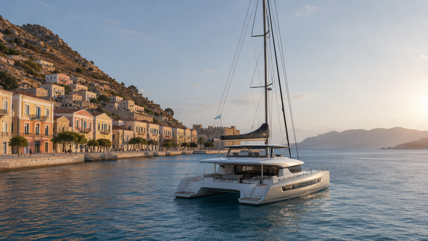Catamaran approaching a colourful Dodecanese harbour with pastel houses and calm Aegean water.
