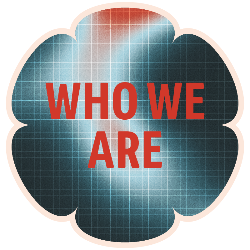 A stylized flower shape with a blue and red grid background, displaying the text "WHO WE ARE" in bold red letters.