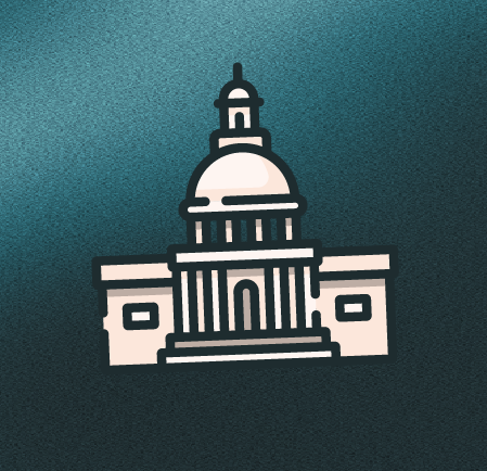 A simple line drawing of a government or capitol building with a dome and columns, set against a dark teal background.