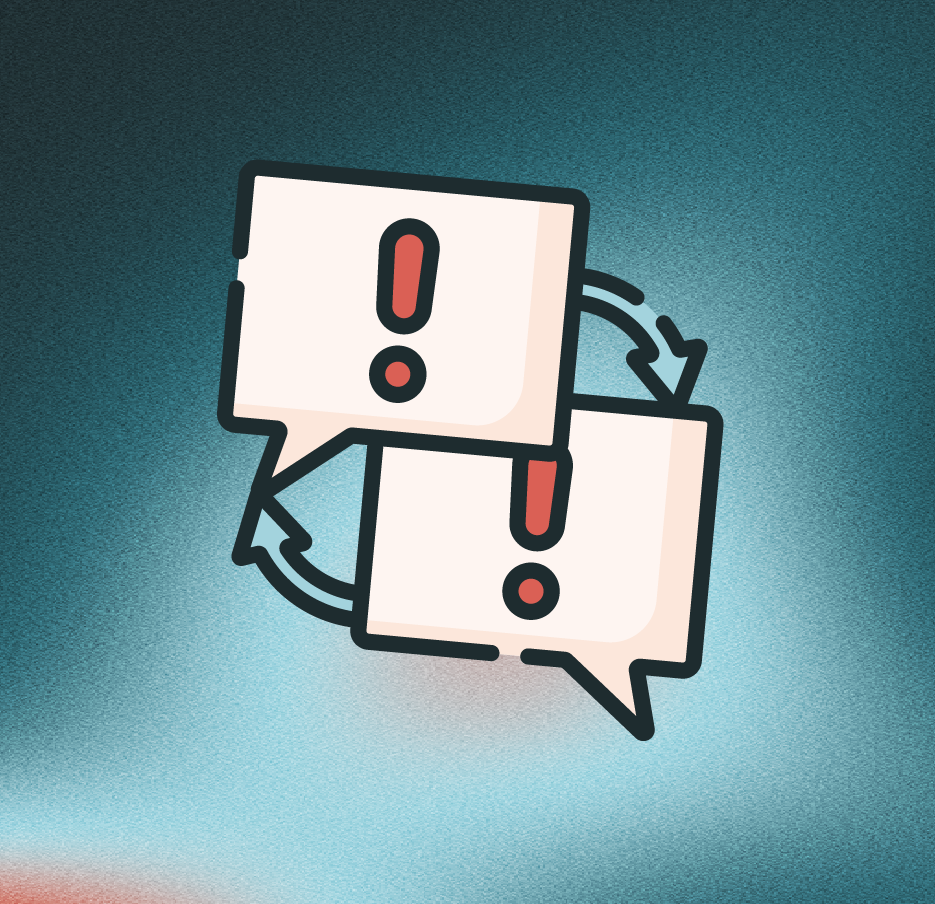 Two speech bubbles with exclamation marks connected with arrows, indicating a warning or alert.