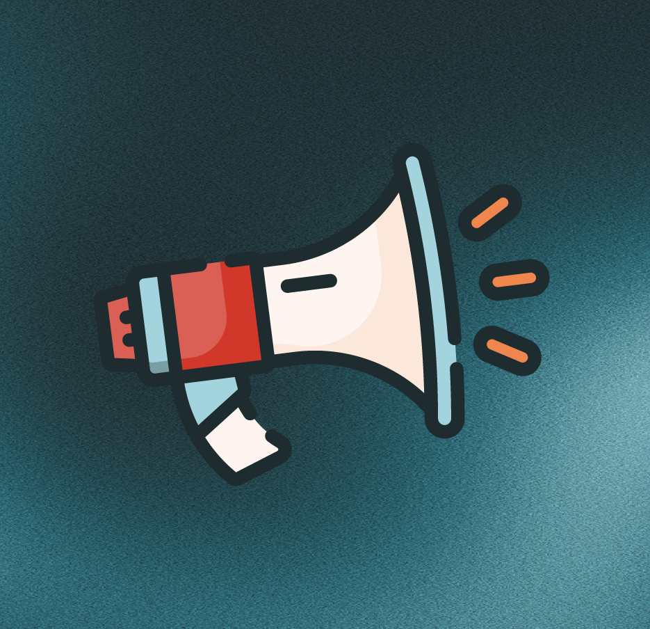 Digital illustration of a megaphone with sound waves coming out of it, on a dark teal background.