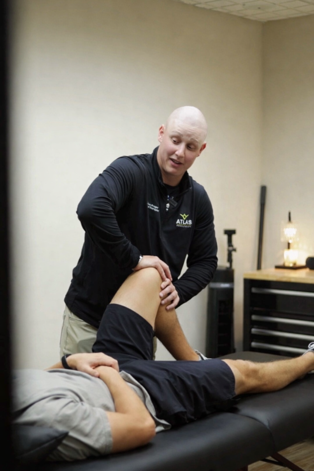 A physical therapist performs a leg stretch on a patient lying face up on a therapy table. The therapist is wearing a black jacket with a logo that says 'Atlas Physical Therapy' in a physical therapy office in Huntington, NY.