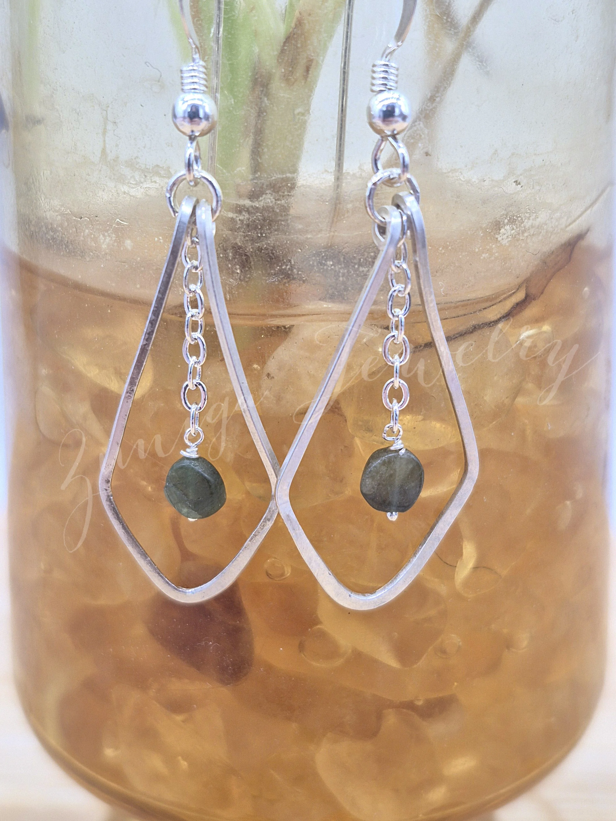 Geometric Diamond Hoop Earrings with Green Tourmaline Drop