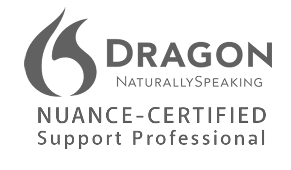 Logo for Dragon NaturallySpeaking with text indicating it is NUANCE-CERTIFIED support professional.