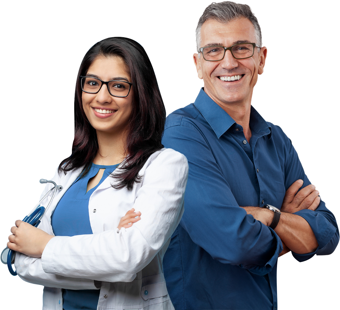 A young female doctor with glasses and a white lab coat, holding a stethoscope, standing next to a middle-aged male doctor with glasses, wearing a blue shirt, both smiling with arms crossed.