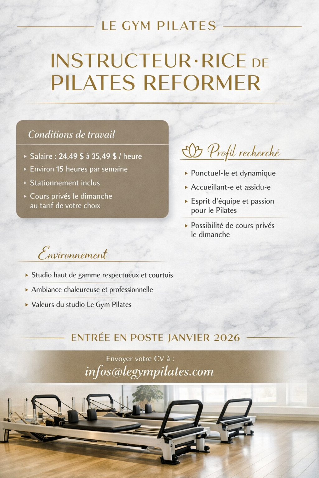 Affiche de recrutement pour un poste d'instructeur de Pilates au studio Le Gym Pilates, avec une image d'un équipement de Pilates dans un studio lumineux.