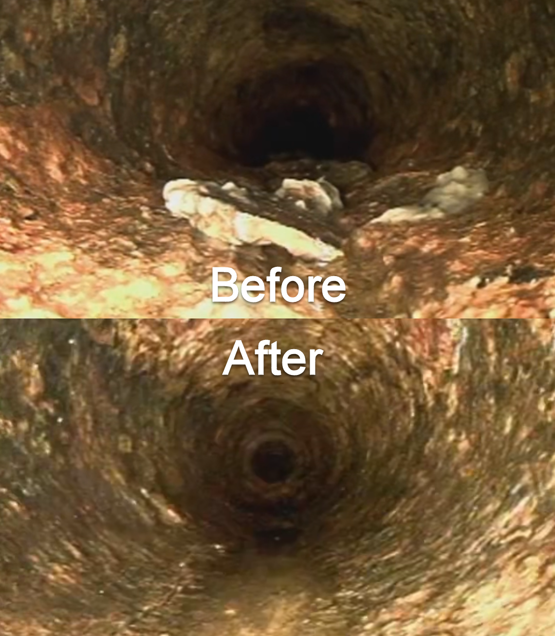 Images of the inside of a pipe or drain, showing the removal of debris and buildup. The 'Before' shows dirt, grime, and debris, while the 'After' shows a clean, clear pipe interior.
