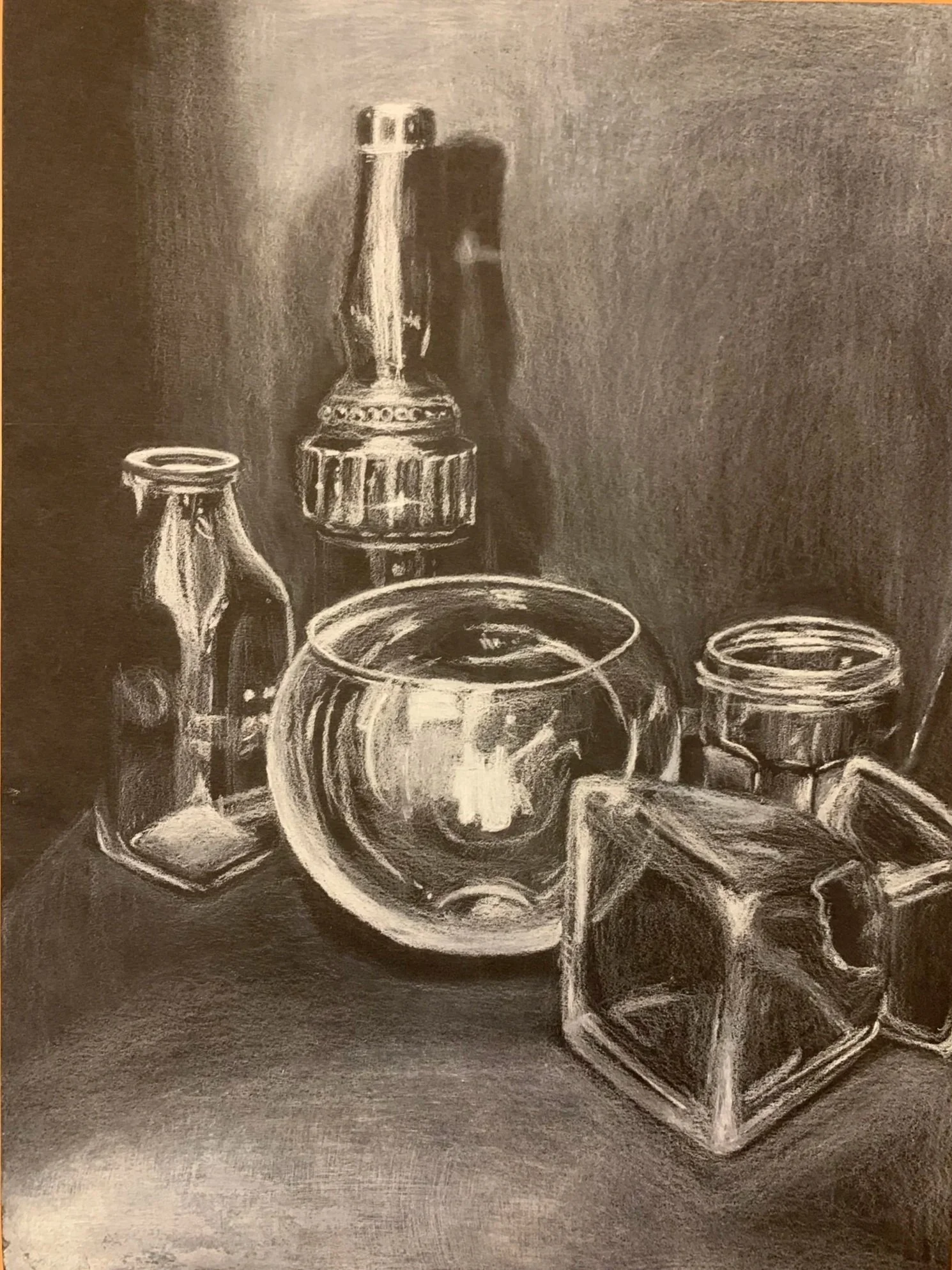 Glassware, 2024. White charcoal on black paper — 12 x 9 in.