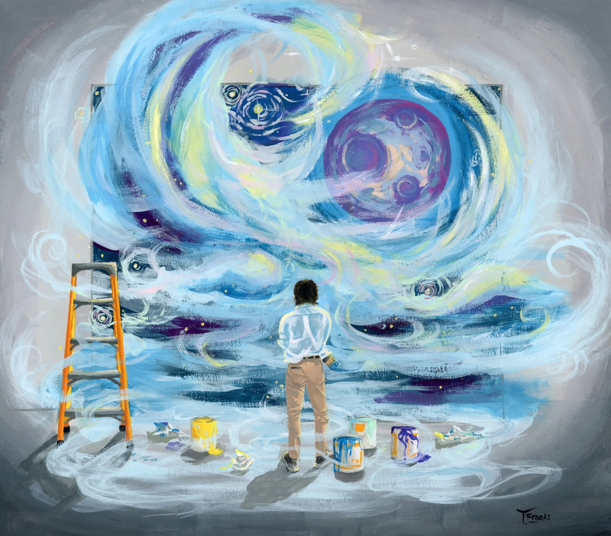 An artist painting a large swirling cosmic scene on a wall, with a ladder and paint cans nearby