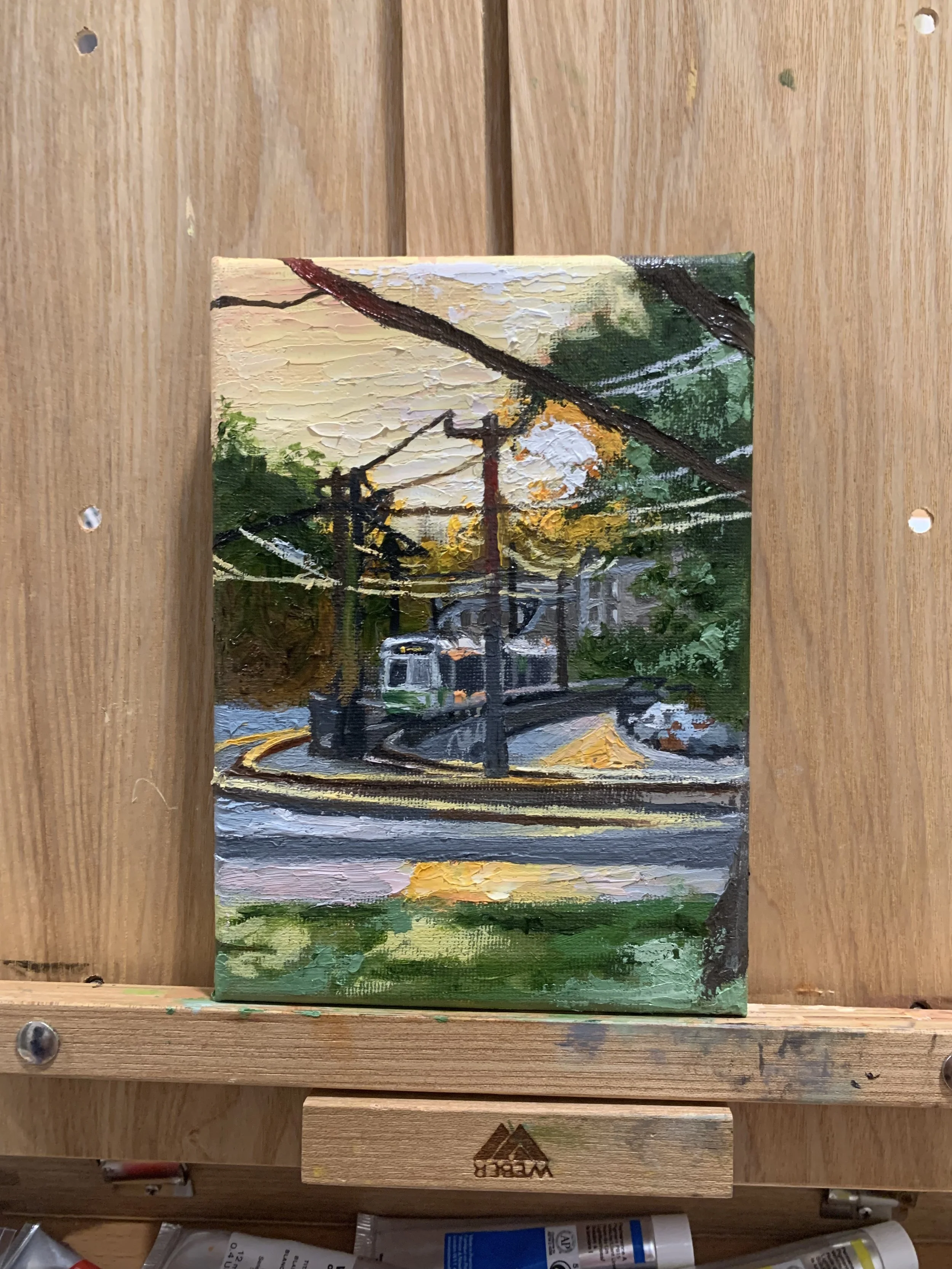 In-progress oil painting of the Green Line in Boston
