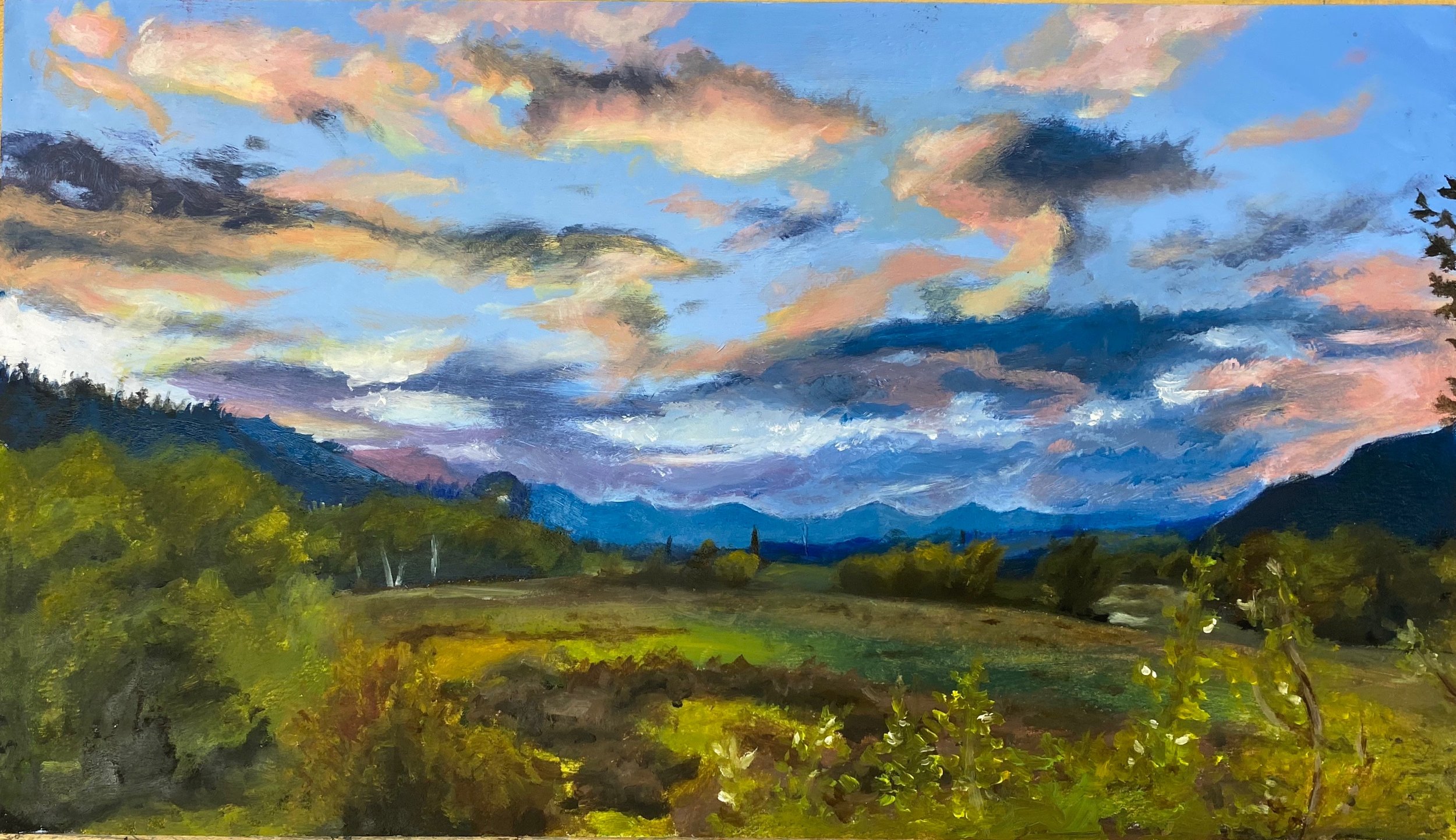 Clouds and Greenery, 2022. Oil on prepared paper — 8 x 14 in.