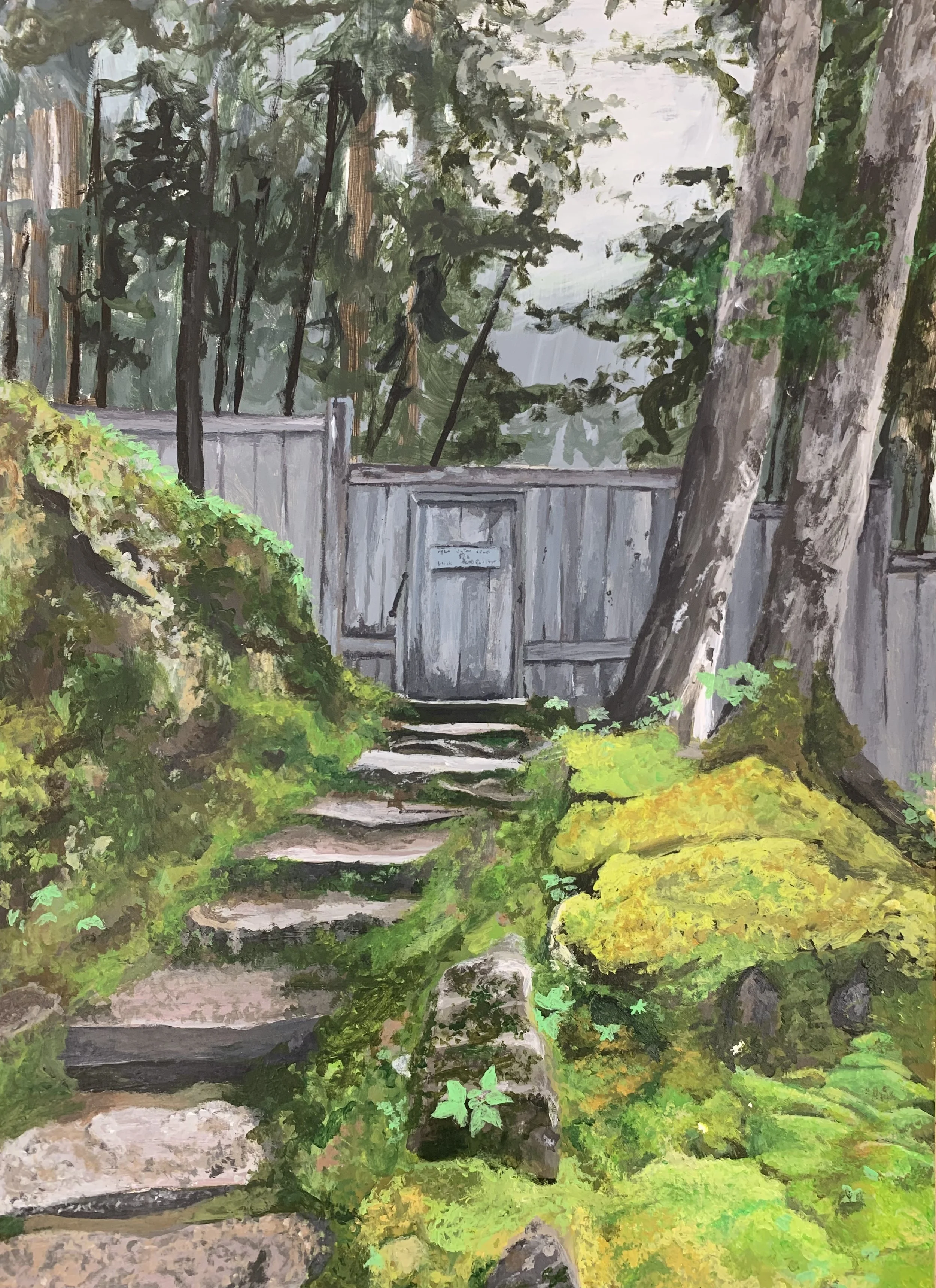 A Door in the Woods, 2025. Acrylic on paper — 15.5 x 11 in.