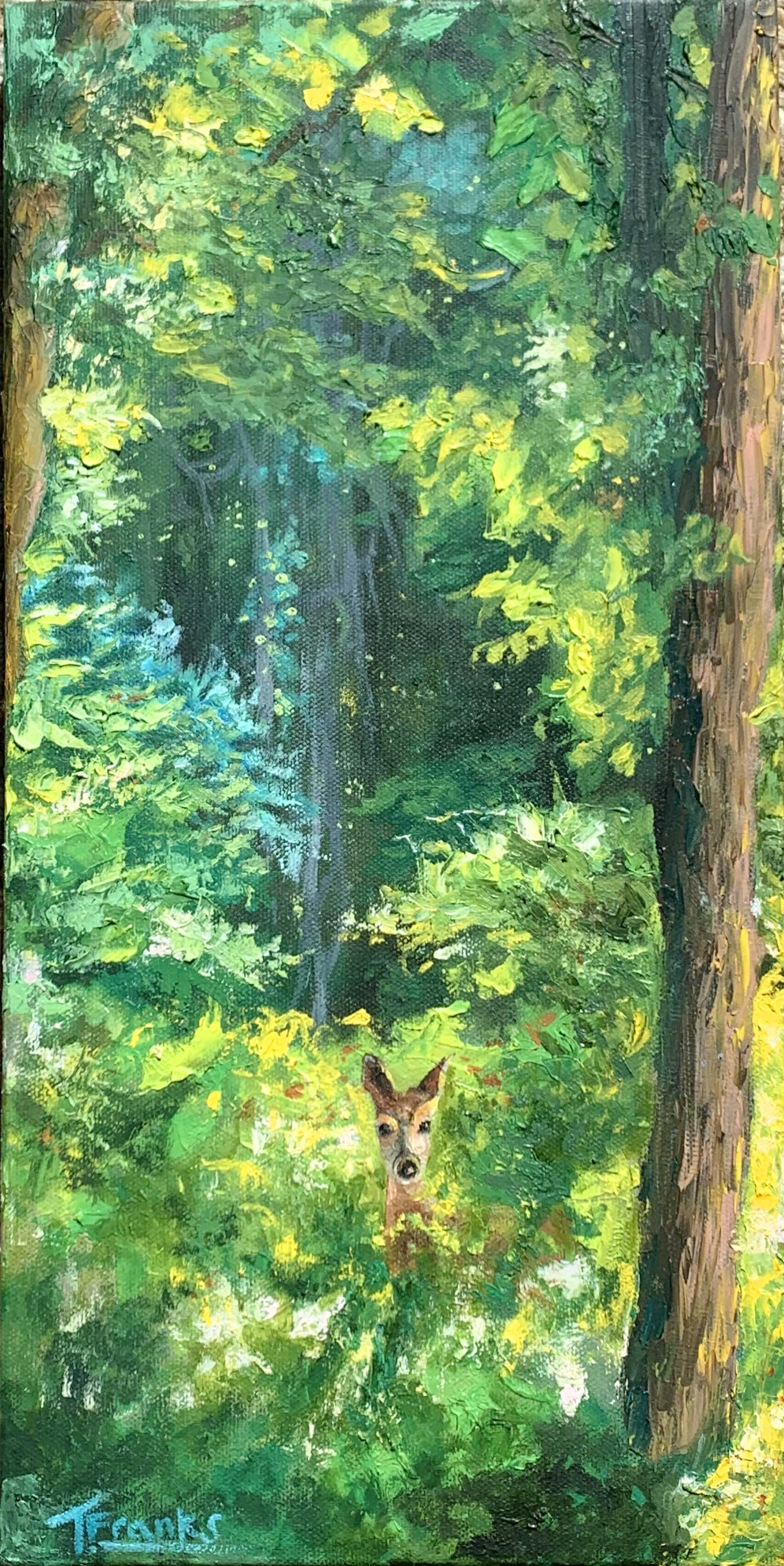 A colorful painting of a forest with tall trees and dense green foliage, featuring a small deer with large ears and a curious expression in the foreground.