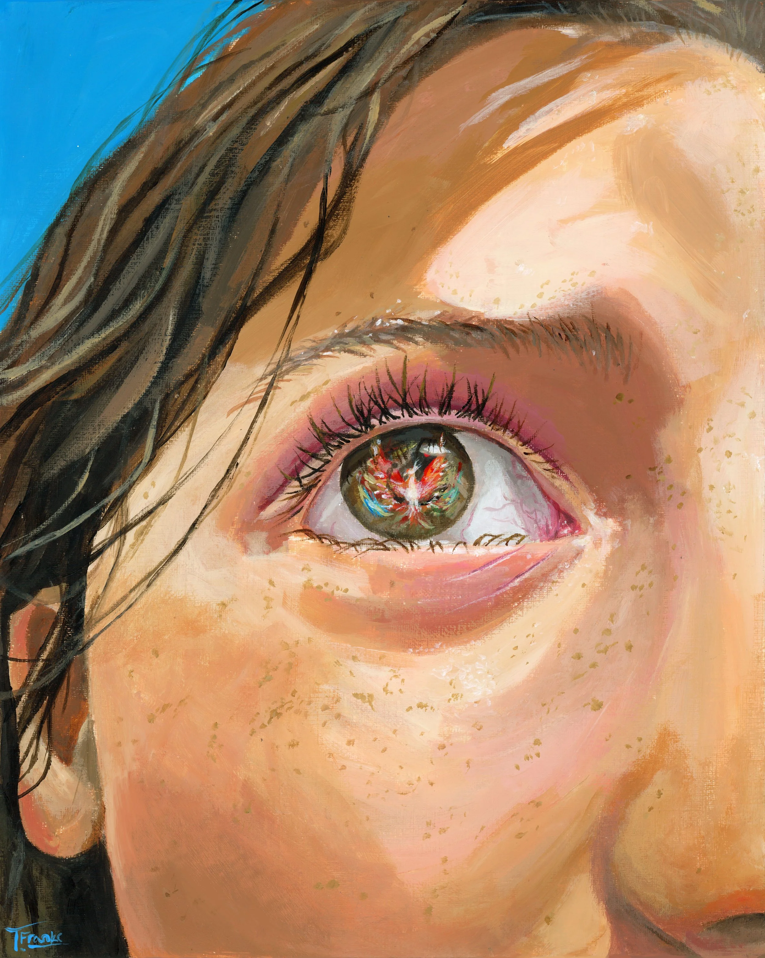 Close-up of a person's face focusing on one eye with detailed eyelashes and colorful eye reflection, partly covered by wet hair, with a blue background. Inside the eye is a phoenix surrounded by color.