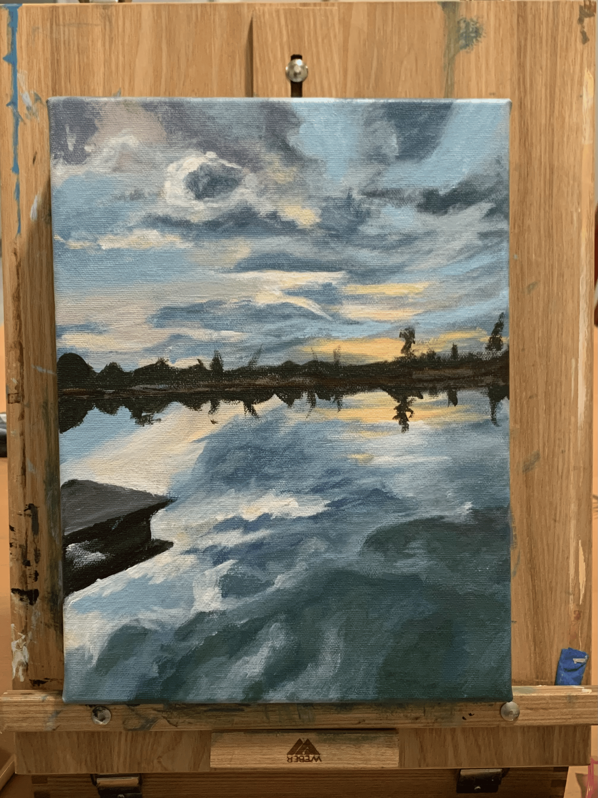 In-progress acrylic painting of Lake Artemisia