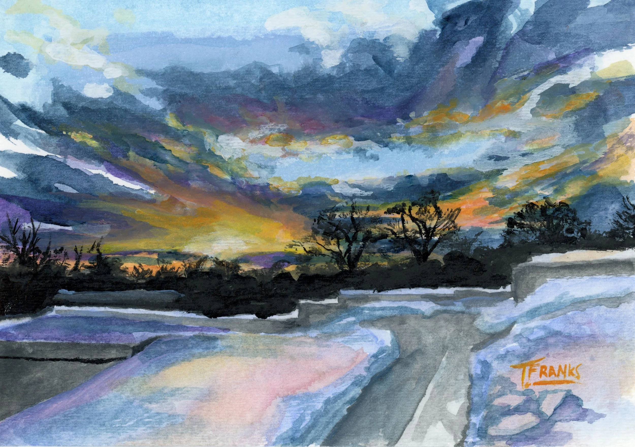 Sunset on Basilica Steps, 2026. Watercolor on paper — 5x7 in.