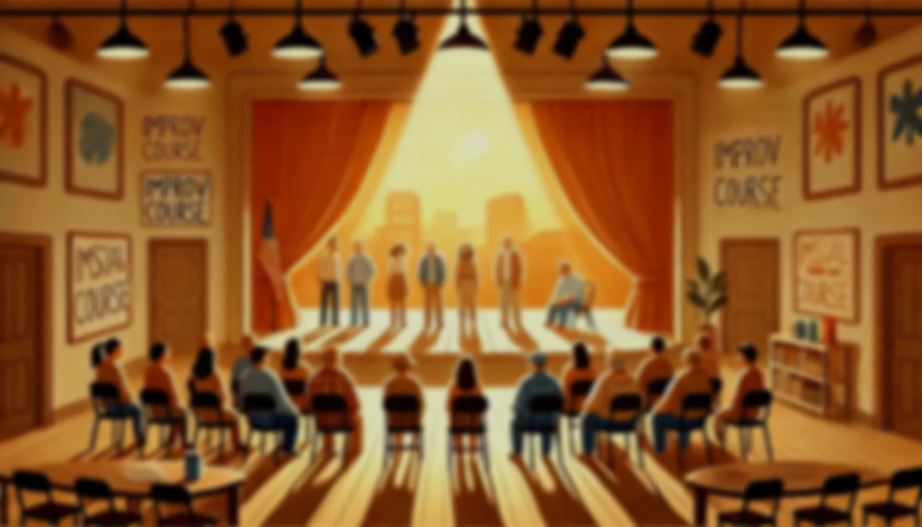 An indoor meeting room with an audience watching a panel of speakers on stage, with a backdrop featuring a cityscape and banners reading 'POPPY GORE'.