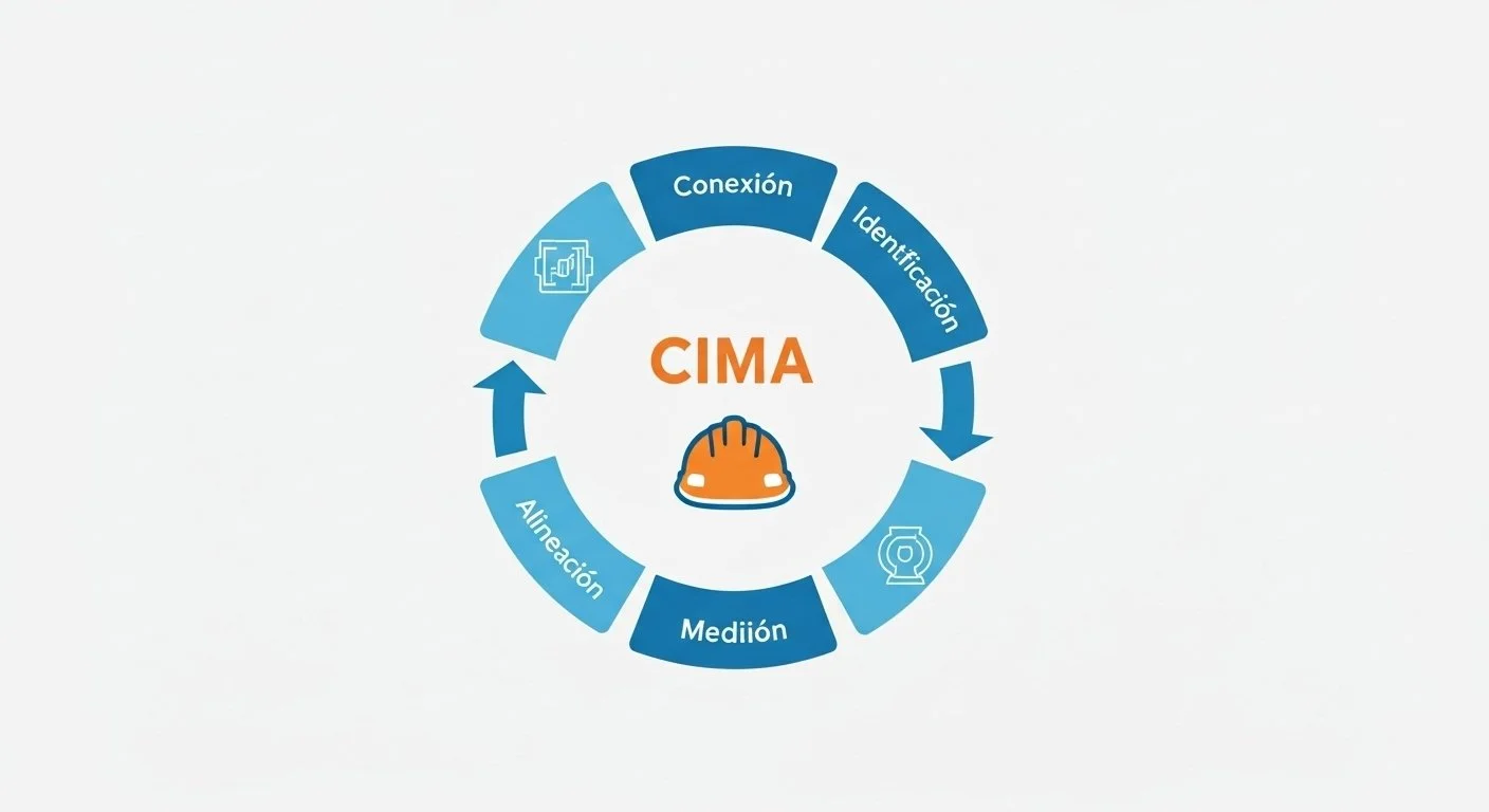 A circular diagram illustrating the CIMA process with six steps: Conexión, Identificación, Medición, Alineación, and two others, with icons representing communication, identification, measurement, and alignment around a central orange construction helmet labeled "CIMA".