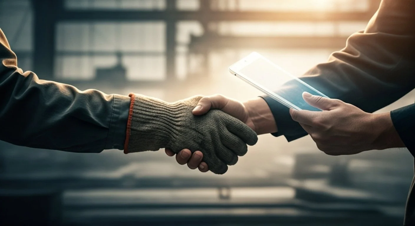 Two people shake hands in a well-lit industrial or warehouse setting, with one person holding a smartphone.