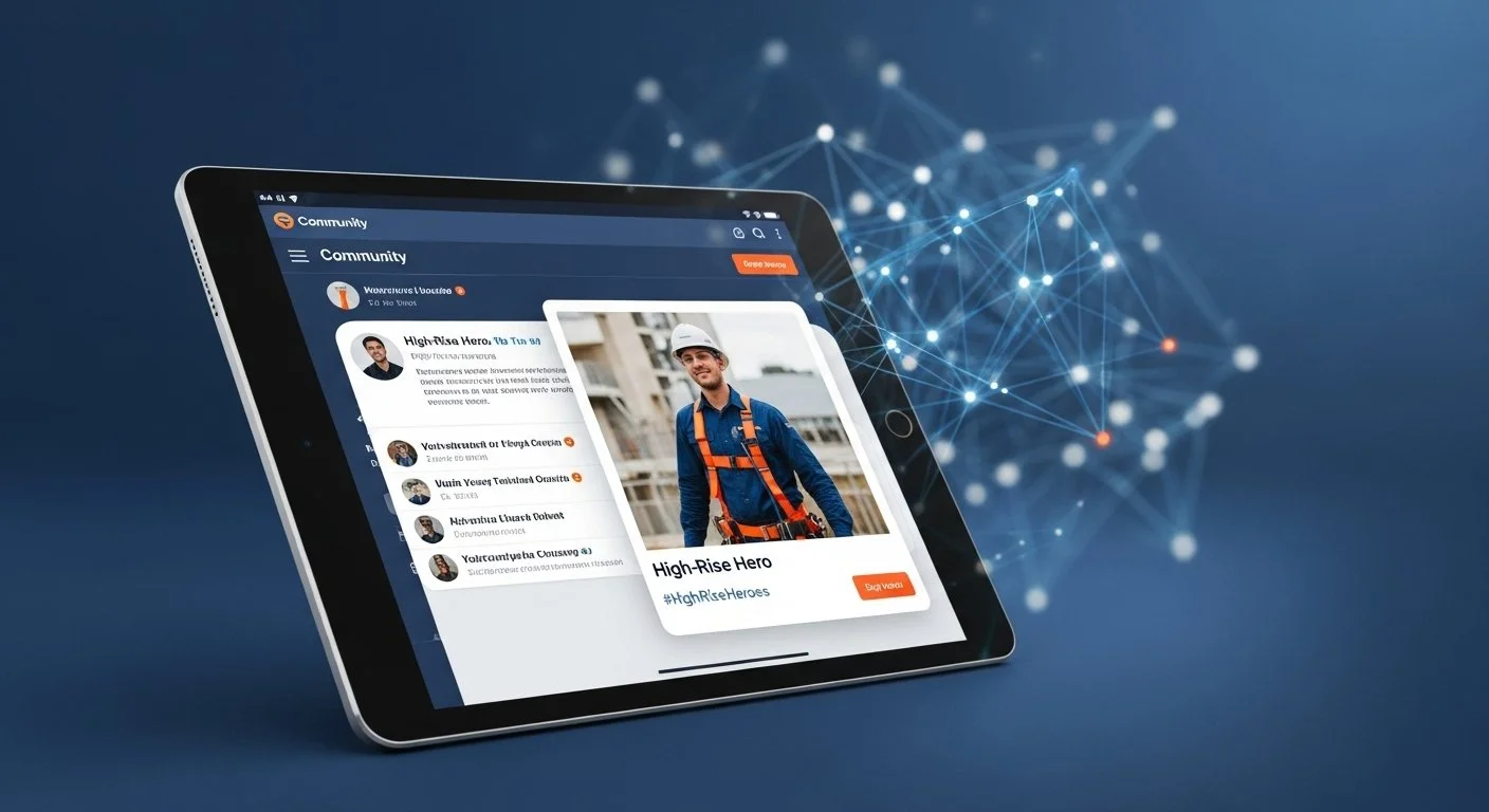 A tablet displaying a community social media app with a profile of a man in construction gear titled High-Rise Hero, and a background with network or blockchain visual effects.