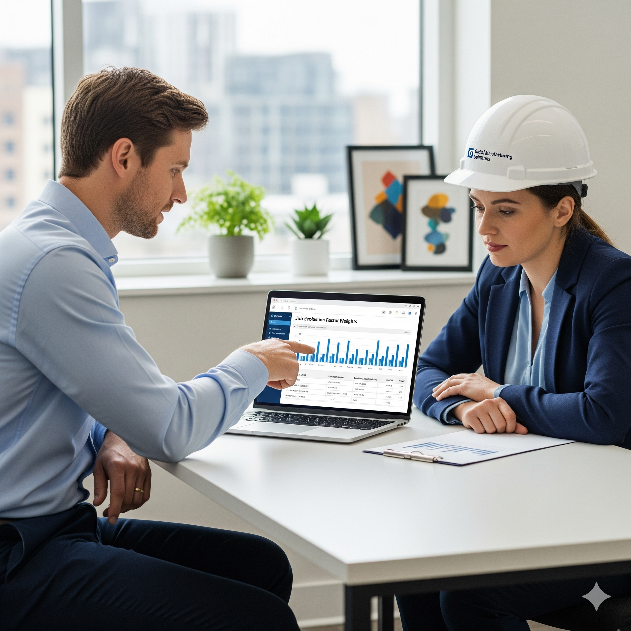 Two professionals in a modern office review data on a laptop, with one pointing at a bar chart titled 'Job Evolution Factor Weights.' The woman wears a safety helmet, indicating an industrial or engineering context.