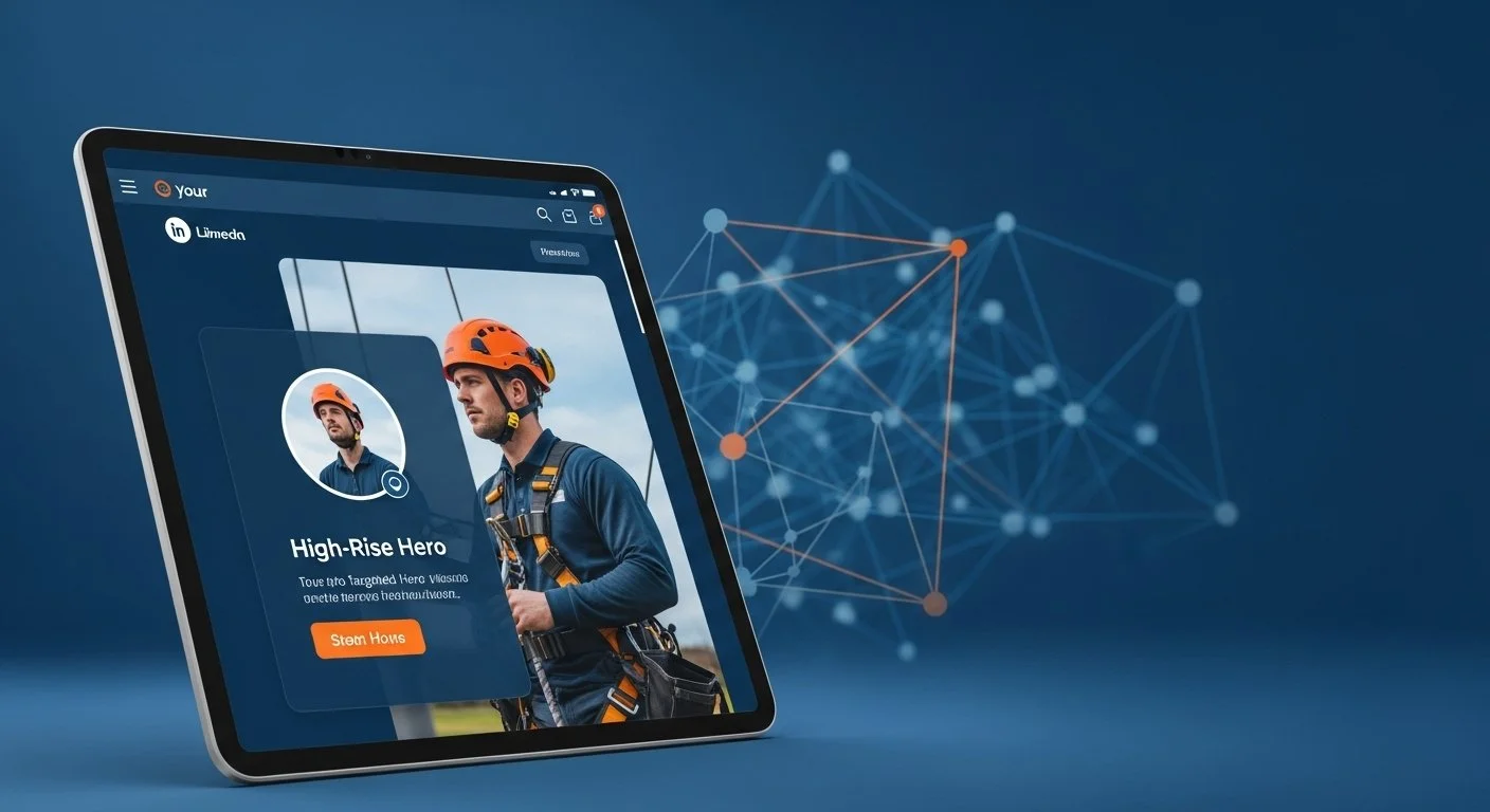 Tablet displaying a profile page for a 'High-Rise Hero' with a photo of a man in a safety helmet and harness, set against a dark blue background with connected dot diagram.