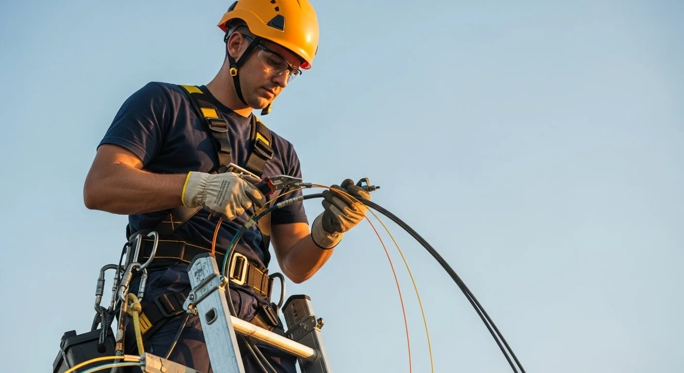 A technician in safety gear working on electrical cables and wires on a ladder, with a clear blue sky in the background.