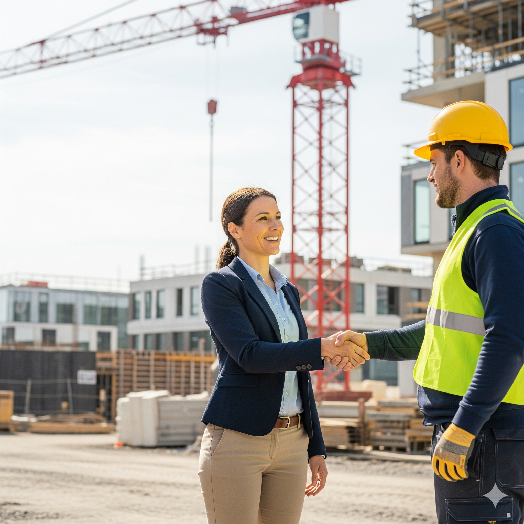 A woman in business attire shaking hands with a construction worker in a hard hat and safety vest at a construction site with scaffolding and a tower crane in the background.