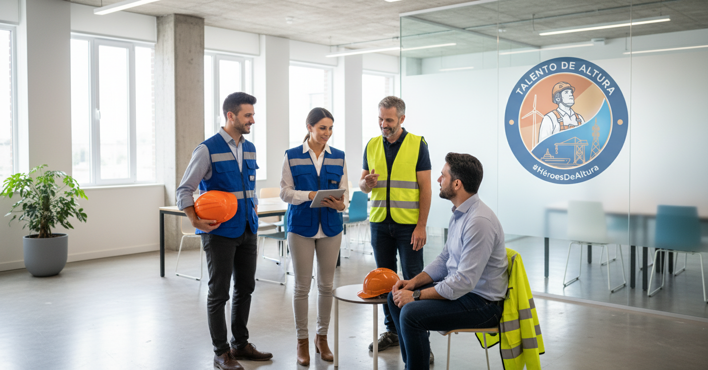 Group of four workers, some wearing blue safety vests, are having a discussion in a modern office or conference room. One is seated with a yellow safety vest on the back of his chair, while another holds orange safety helmets. A fifth person is standing and appears to be leading the conversation. The background has a glass wall with a logo that reads "Talento de Altura" and includes illustrations of a wind turbine and construction crane.