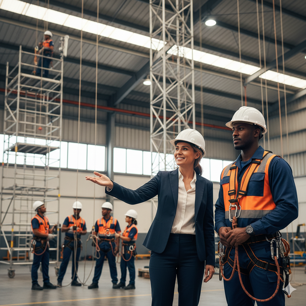 A woman in a business suit and a man in work overalls wearing safety helmets are inside an industrial warehouse, with the woman gesturing while explaining or giving instructions. Several other workers in safety gear are in the background, some holding ropes.