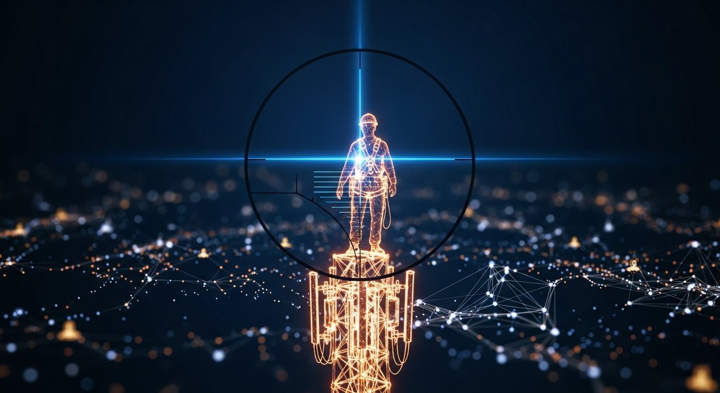 Digital illustration of a soldier in a futuristic helmet, viewed through a targeting scope, standing on top of a rocket in a starry night sky.