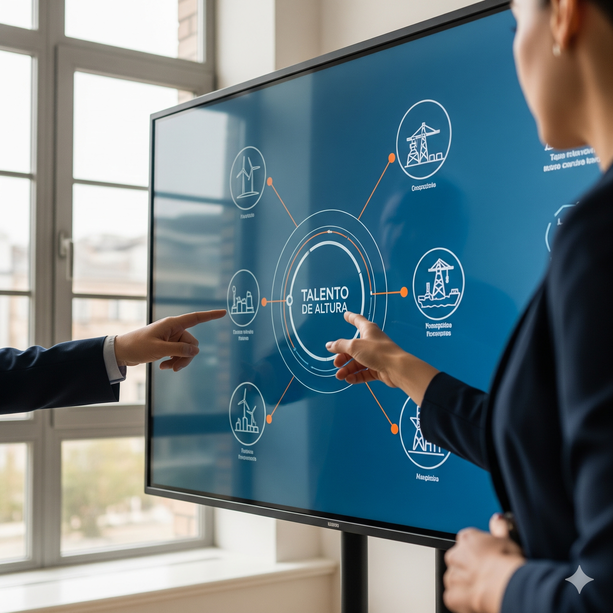 Two people in business suits pointing at a digital presentation on a large screen displaying an infographic about energy sources and renewable energy, with the central text 'Talento de Altura'.