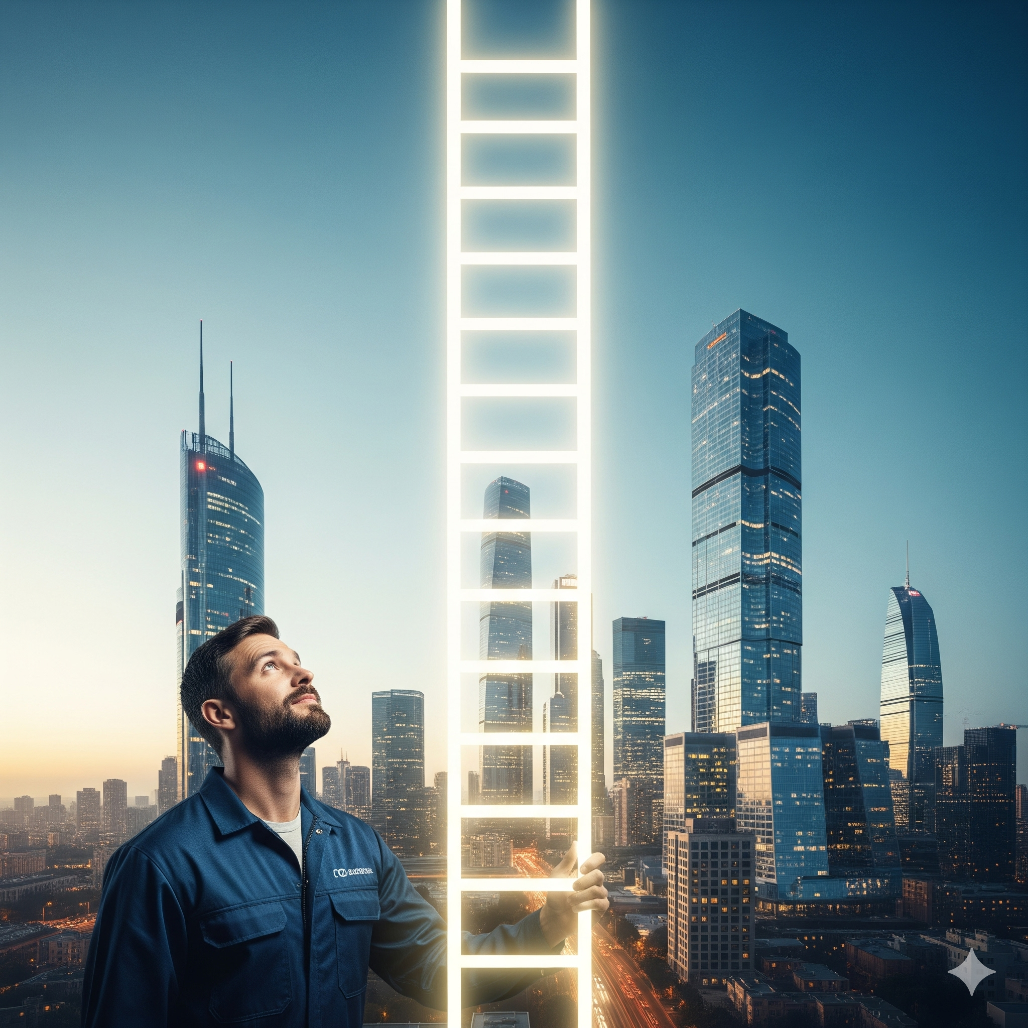 A man in a blue uniform holding a glowing ladder in front of a city skyline at dusk.
