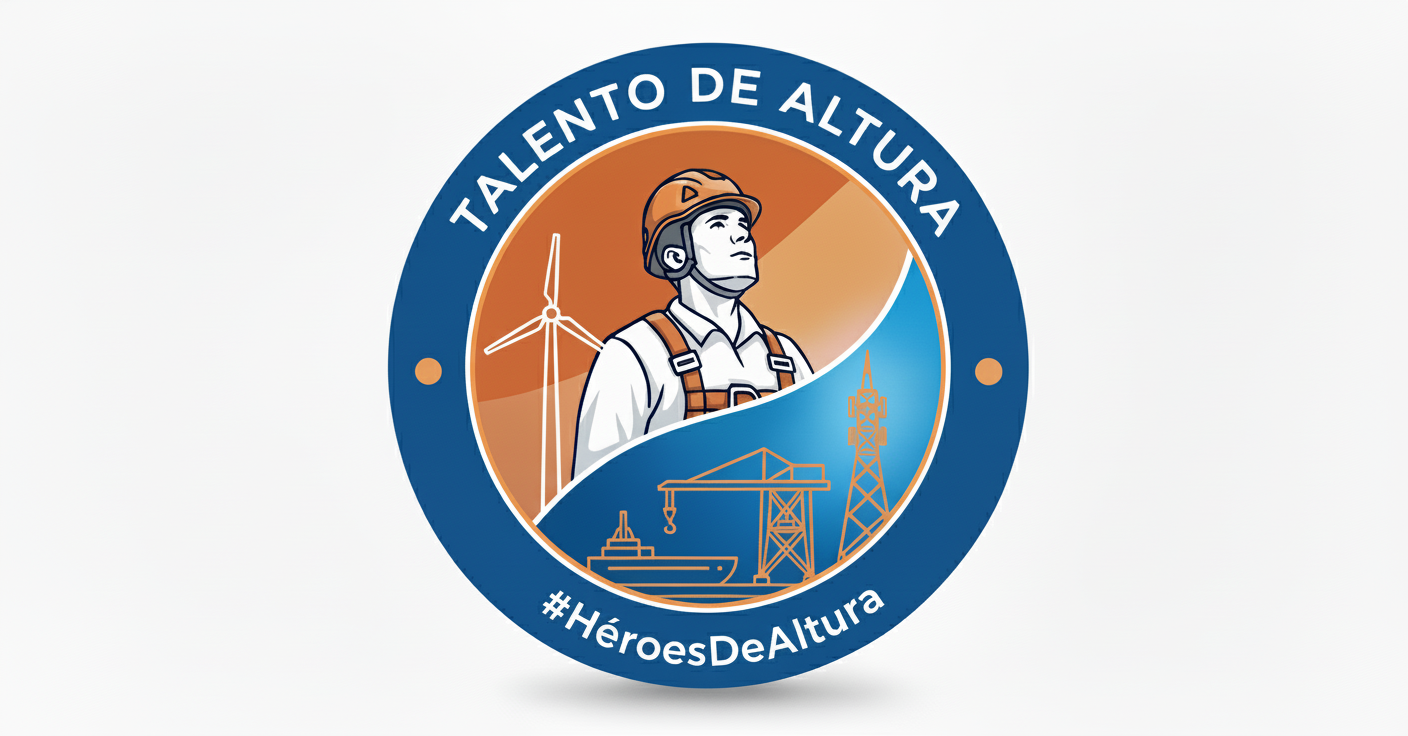 A circular logo with a man wearing a hard hat and work gear, wind turbines, a crane, a ship, and power lines, with the text 'Talento de Altura' and '#HéroesDeAltura'.