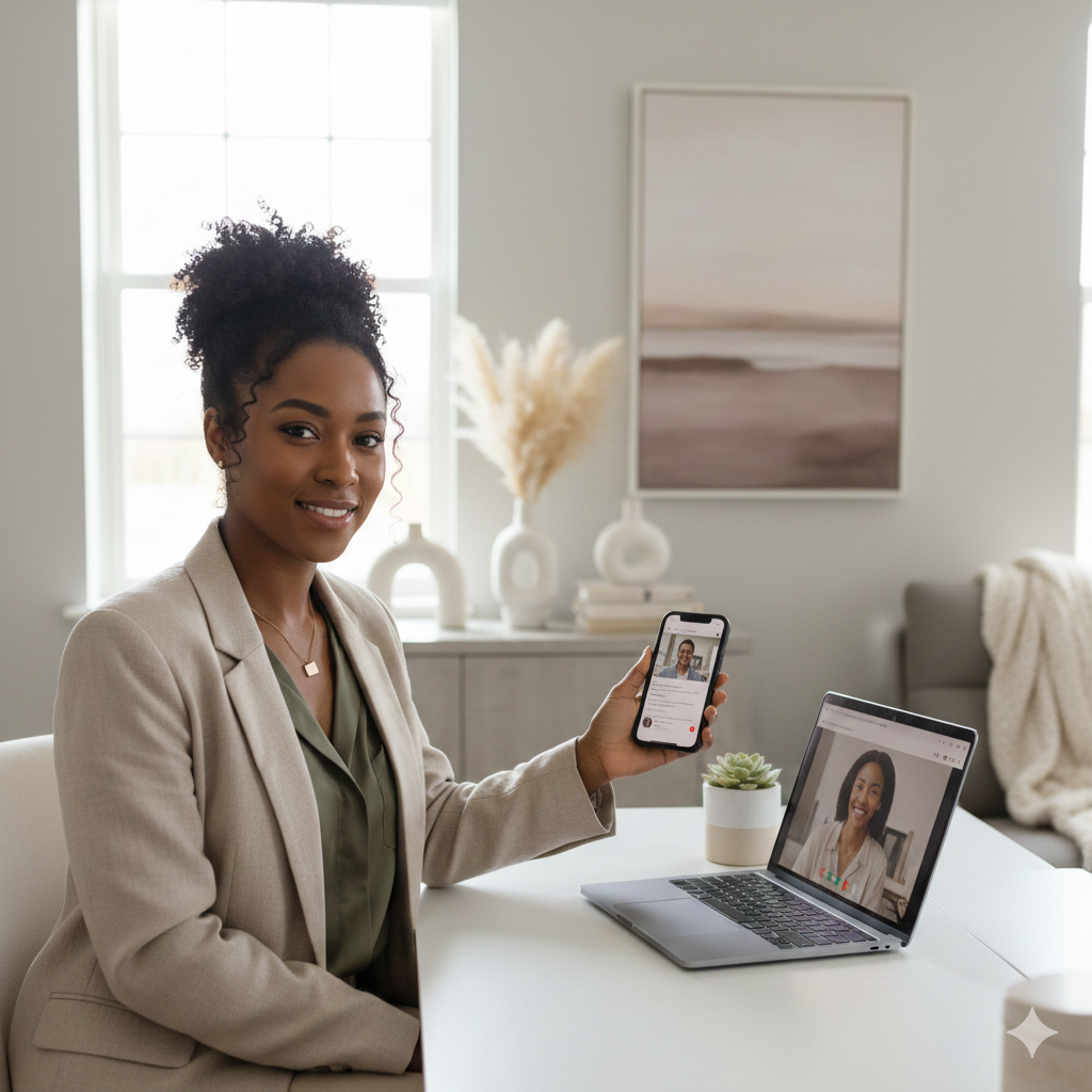 Brand strategist in a virtual consultation, working from a desk with a laptop and smartphone.
