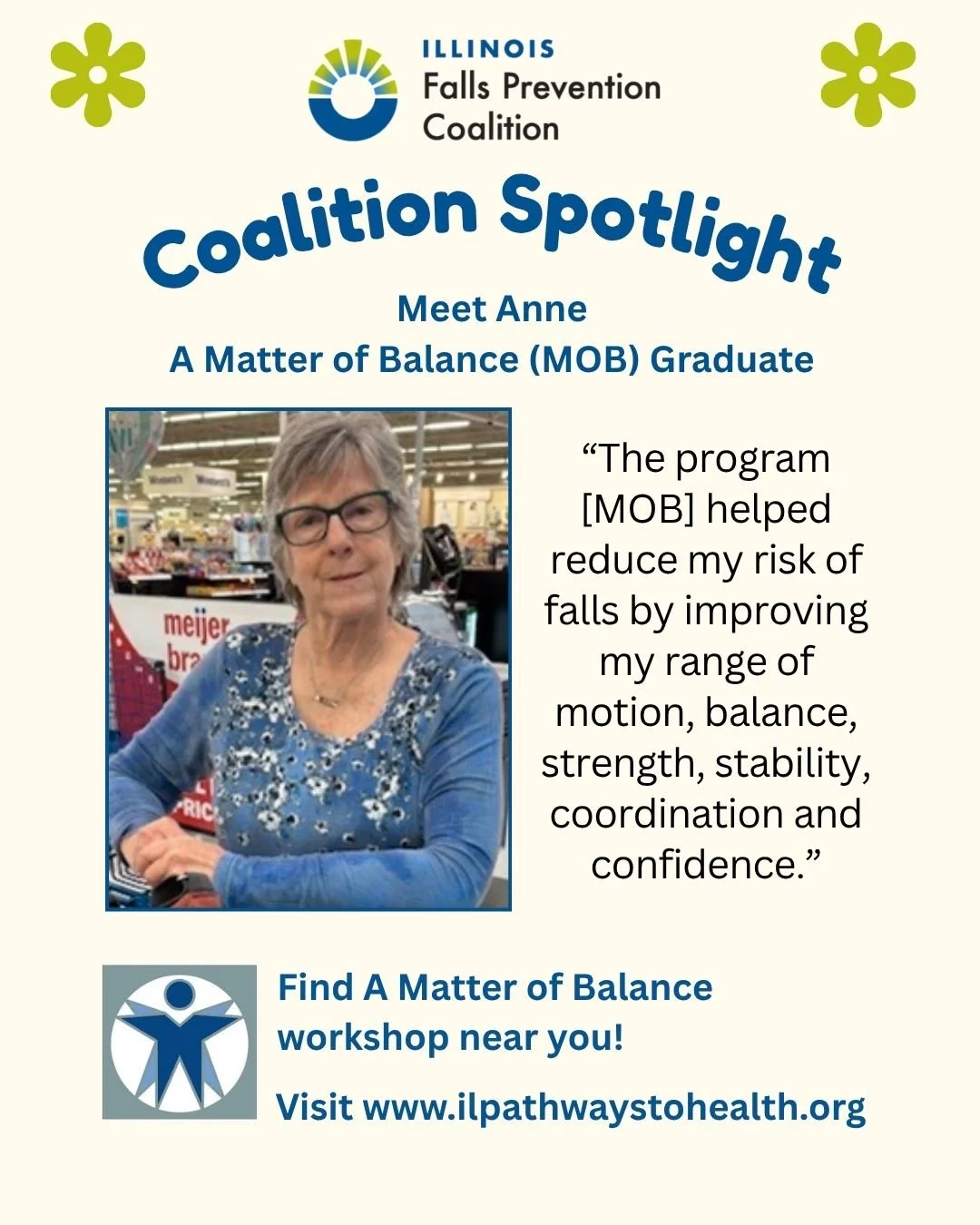 👏 Graduate Spotlight: Anne from Bloomington, IL!

Anne recently completed A Matter of Balance, an evidence-based falls prevention workshop that helps older adults stay confident and independent.

💡 Workshops are FREE and available near you!
📍 Cont