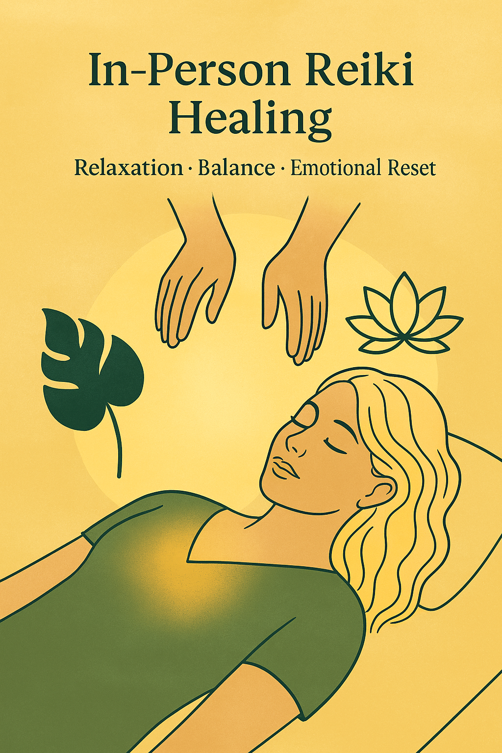 Book cover titled 'In-Person Reiki Healing' with a yellow background. Illustration of a woman lying down with closed eyes and wavy hair, two hands above her, and several leaves and a lotus flower.
